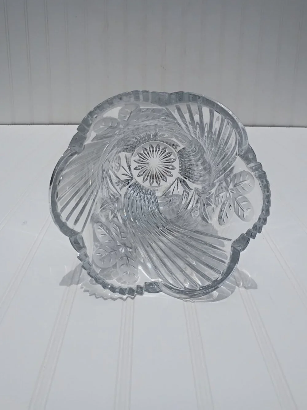 Vintage Heavy Crystal Vase Frosted Leaf Floral Pattern 10